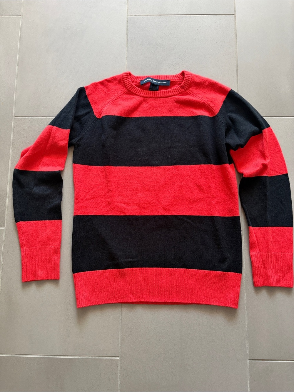 French Connection Red and Black Striped Crewneck Sweater